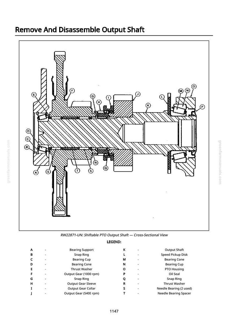 May include: Detailed cross-sectional diagram of a shiftable PTO output shaft, labeled with letters and corresponding part names. The black and white illustration includes components like bearing supports, snap rings, and output gears.