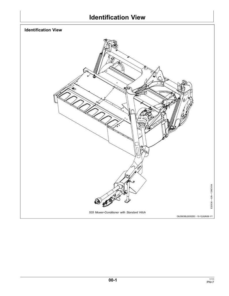 May include: An overhead view of a detailed line drawing of a 535 Mower-Conditioner with Standard Hitch. The image is labeled "Identification View" and includes technical diagrams of the machinery. The drawing is in black and white.