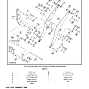 May include: Diagram of a loader boom and bucket linkage, labelled TX1267508-UN. The exploded view shows components like bell cranks, pins, washers, cap screws, clamps, shims, and a boom. Measurements are in cm.