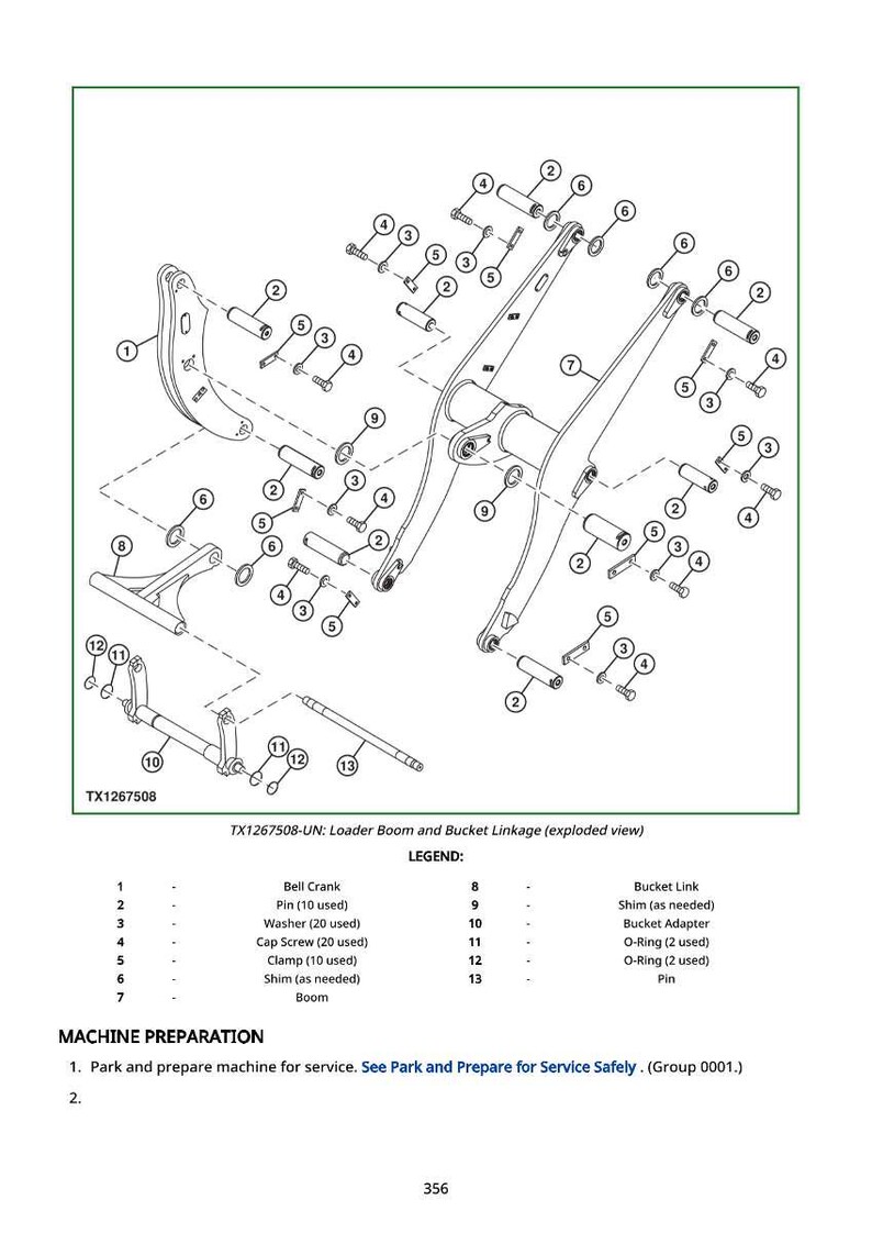 May include: Diagram of a loader boom and bucket linkage, labelled TX1267508-UN. The exploded view shows components like bell cranks, pins, washers, cap screws, clamps, shims, and a boom. Measurements are in cm.