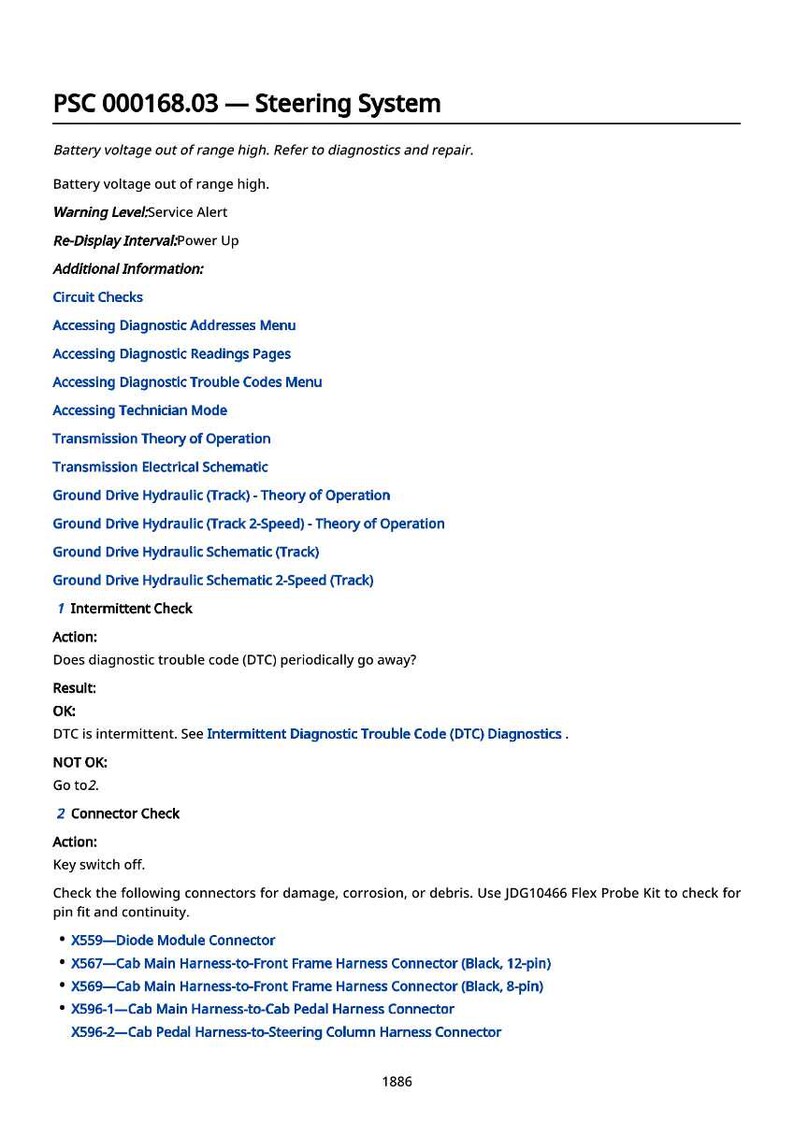 May include: Document titled "PSC 000168.03 - Steering System" with diagnostic information. Includes sections on battery voltage, service alerts, and diagnostic checks. Lists connector details and troubleshooting steps.