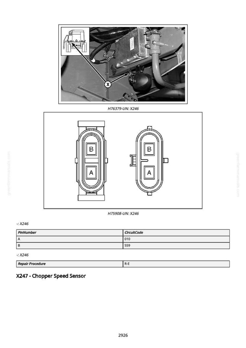 May include: Diagram of a chopper speed sensor, including two connector diagrams labeled A and B, and a detailed view of the sensor's location within a machine. Text includes "X247 - Chopper Speed Sensor."