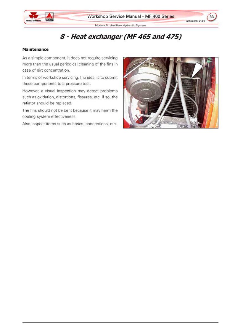 May include: A page from a workshop service manual for the MF 400 Series, detailing heat exchanger maintenance. The image shows a diagram of the heat exchanger and text about cleaning and inspection procedures.