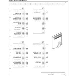 May include: Schematic diagram of a central electric unit, featuring a detailed layout with labels and component references. The diagram includes text and a wiring diagram for electrical systems.