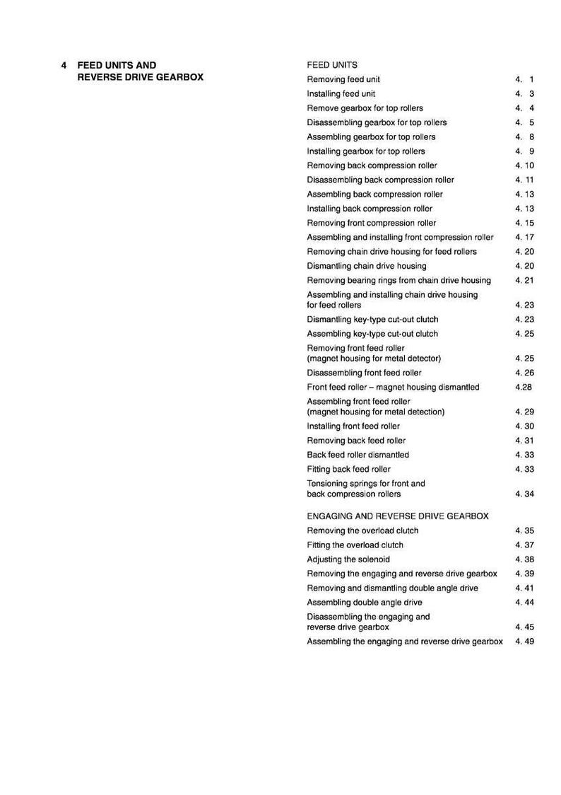 May include: A detailed technical diagram with the title "FEED UNITS AND REVERSE DRIVE GEARBOX" and a numbered list of procedures, including "Removing feed unit" and "Installing feed unit."