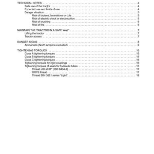 May include: A white document with the title "CONTENTS" and a list of topics, including "INTRODUCTION", "TECHNICAL NOTES", and "TIGHTENING TORQUES". The document is for ARGO TRACTORS and includes safety information.
