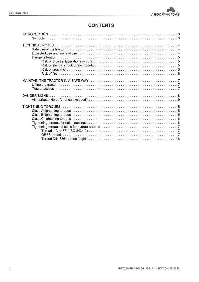 May include: A white document with the title "CONTENTS" and a list of topics, including "INTRODUCTION", "TECHNICAL NOTES", and "TIGHTENING TORQUES". The document is for ARGO TRACTORS and includes safety information.
