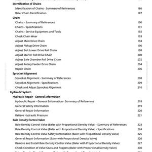 May include: A detailed table of contents from a manual, featuring sections on chains, hydraulic systems, and bale density control valves. The text is in black against a white background, with page numbers on the right.