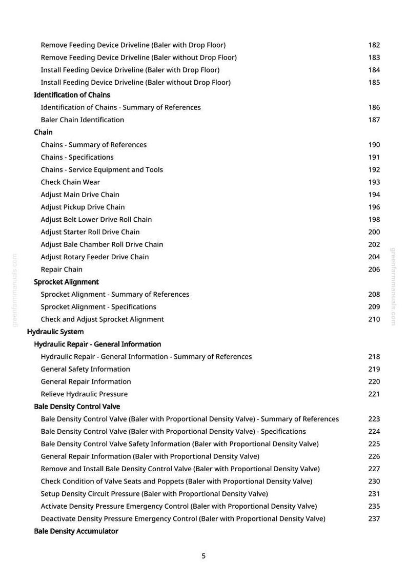 May include: A detailed table of contents from a manual, featuring sections on chains, hydraulic systems, and bale density control valves. The text is in black against a white background, with page numbers on the right.