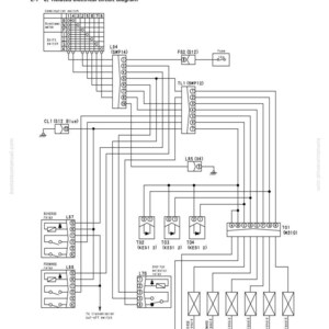 Op de afbeelding: Een elektrisch schema met de titel "Gerelateerd elektrisch circuitdiagram" en het nummer "E-7". Het schema toont verschillende componenten zoals relais, schakelaars en zekeringen, verbonden door lijnen. Het schema is gelabeld met tekst en nummers.