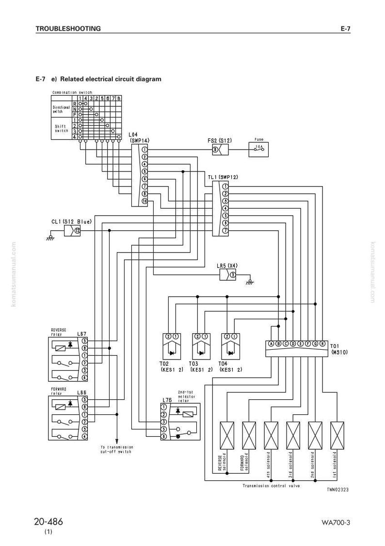 Op de afbeelding: Een elektrisch schema met de titel "Gerelateerd elektrisch circuitdiagram" en het nummer "E-7". Het schema toont verschillende componenten zoals relais, schakelaars en zekeringen, verbonden door lijnen. Het schema is gelabeld met tekst en nummers.
