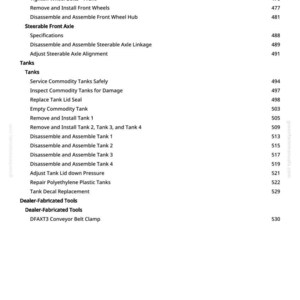 K&ouml;nnte beinhalten: Eine Seite aus einem Handbuch mit einer Liste von Spezifikationen und Verfahren. Der Text umfasst Themen wie &bdquo;Radbolzen anziehen&ldquo;, &bdquo;Vorderr&auml;der aus- und einbauen&ldquo; und &bdquo;Gefahrgutbeh&auml;lter sicher warten&ldquo;. Seitenzahlen sind rechts aufgef&uuml;hrt.