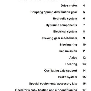 May include: A white page with a black list of technical terms and numbers. The list includes terms like "Drive motor", "Hydraulic system", "Electrical system", and "Brake system".