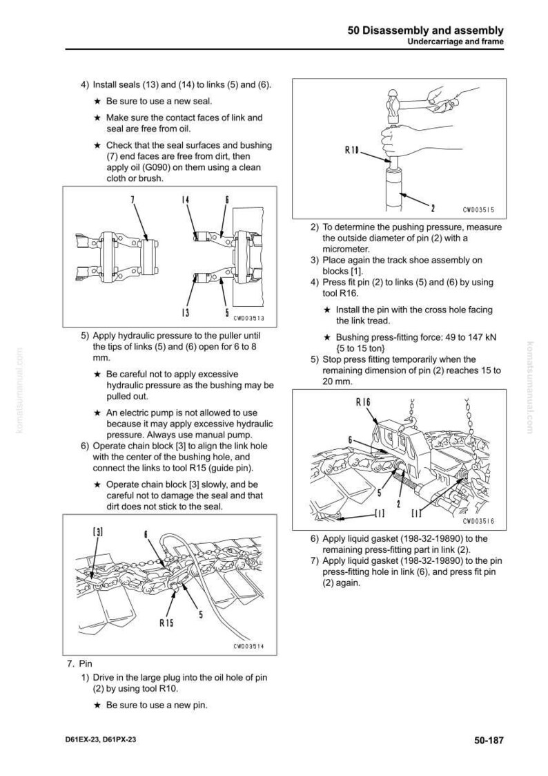 Puede incluir: Diagrama de un manual que muestra el desmontaje y montaje de un tren de rodaje y un bastidor. Incluye ilustraciones de herramientas, pasadores y eslabones, con medidas en mil&iacute;metros y fuerza en kilonewtons.