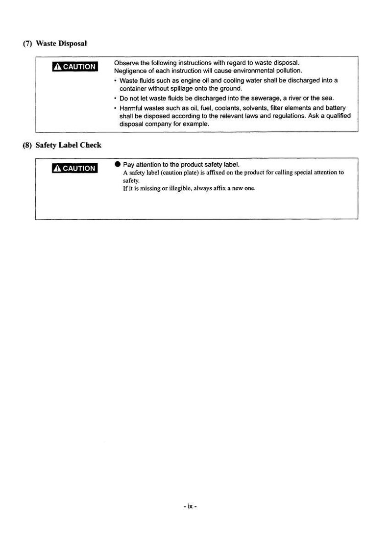 May include: A page from a manual with safety instructions. The text includes warnings about waste disposal and safety labels, with the word "CAUTION" in a triangle.