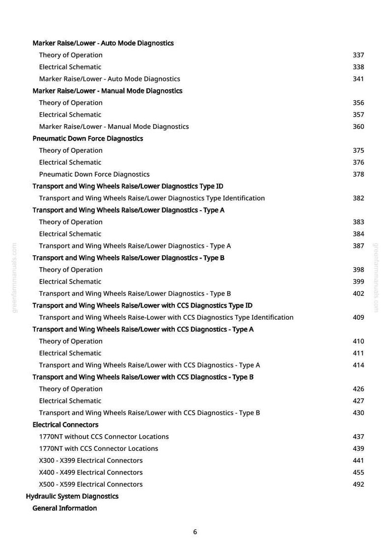 K&ouml;nnte beinhalten: Eine Seite aus einem Handbuch mit wei&szlig;em Hintergrund, die eine Liste von Diagnosethemen und Seitenzahlen enth&auml;lt. Zu den Titeln geh&ouml;ren "Marker Raise/Lower" und "Transport and Wing Wheels Raise/Lower Diagnostics". Der Text ist schwarz und gut lesbar.