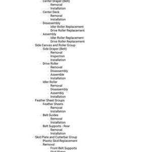 Pu&ograve; includere: Un elenco verticale di componenti meccanici e delle relative procedure, come la rimozione, l'installazione e la sostituzione. Il testo include termini come "Cilindro di inclinazione", "Rullo di trasmissione" e "Fogli di piume".