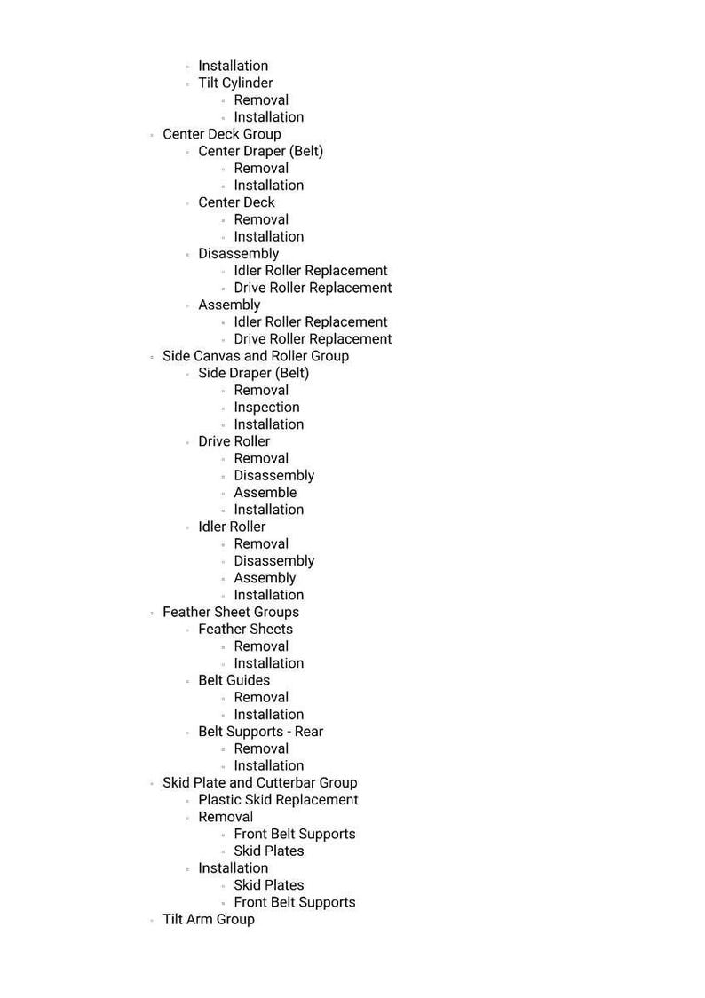 Pu&ograve; includere: Un elenco verticale di componenti meccanici e delle relative procedure, come la rimozione, l'installazione e la sostituzione. Il testo include termini come "Cilindro di inclinazione", "Rullo di trasmissione" e "Fogli di piume".
