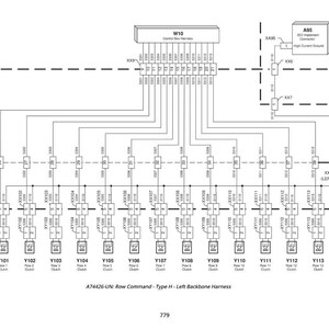 Op de afbeelding: Zwart-wit schematische weergave van een kabelboom van een besturingssysteem. Het diagram bevat gelabelde componenten zoals controleboxen, CAN-bus kabelbomen en diverse connectoren. De tekst onderaan luidt "A74426-UN: Row Command - Type H - Left Backbone Harness."