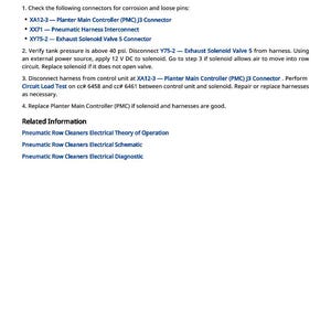 Puede incluir: Documento titulado "RCC 516926.04 - Sistema de control del limpiador de hileras" con pasos para la soluci&oacute;n de problemas. Incluye instrucciones para verificar conectores, verificar la presi&oacute;n del tanque y reemplazar componentes. Tambi&eacute;n se proporcionan enlaces de informaci&oacute;n relacionada.