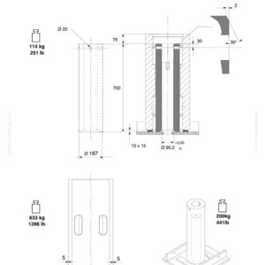 May include: Technical diagram of a Komatsu part, featuring detailed schematics with measurements in millimeters and pounds. The diagram includes cross-sectional views, dimensions, and weight specifications, with the Komatsu logo at the top.