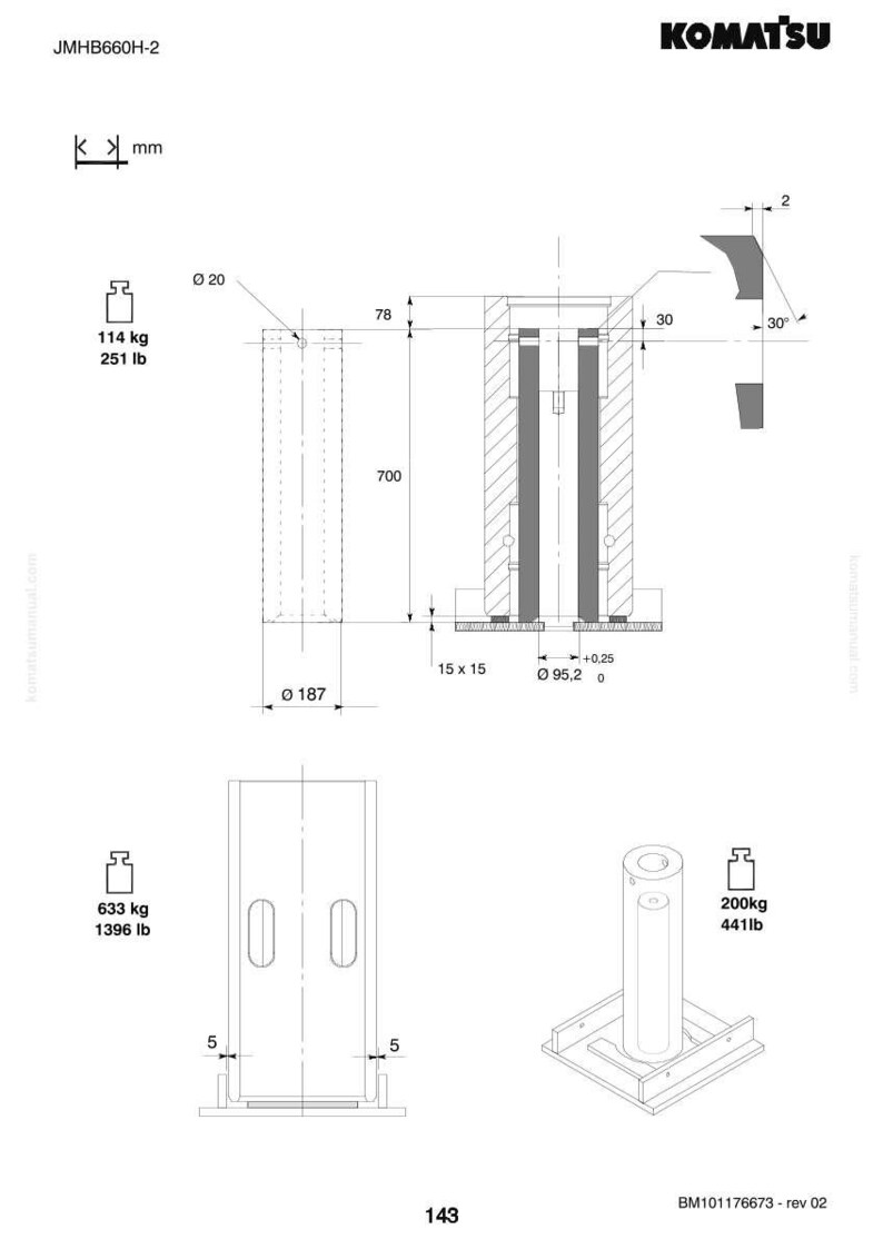 May include: Technical diagram of a Komatsu part, featuring detailed schematics with measurements in millimeters and pounds. The diagram includes cross-sectional views, dimensions, and weight specifications, with the Komatsu logo at the top.