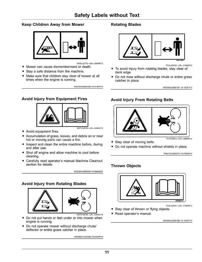 May include: A page of safety labels with black and white warning symbols and text. The labels warn against hazards like rotating blades, equipment fires, and thrown objects. Each label includes a symbol and safety instructions.