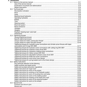 Puede incluir: P&aacute;gina de contenido de un manual de servicio, con secciones como datos t&eacute;cnicos, pares de apriete e instrucciones de seguridad. El texto es negro sobre fondo blanco.
