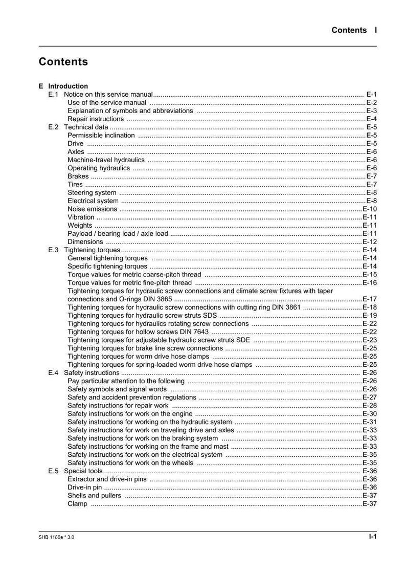Puede incluir: P&aacute;gina de contenido de un manual de servicio, con secciones como datos t&eacute;cnicos, pares de apriete e instrucciones de seguridad. El texto es negro sobre fondo blanco.