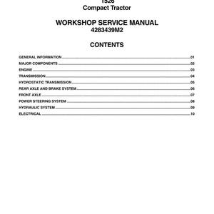 May include: A white workshop service manual for a Massey Ferguson 1526 compact tractor. The manual's cover includes the Massey Ferguson logo, model number, and title. The contents section lists topics like engine, transmission, and electrical systems.
