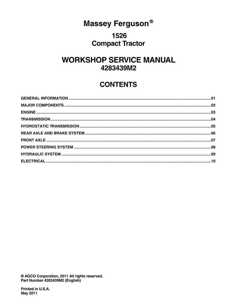 May include: A white workshop service manual for a Massey Ferguson 1526 compact tractor. The manual's cover includes the Massey Ferguson logo, model number, and title. The contents section lists topics like engine, transmission, and electrical systems.