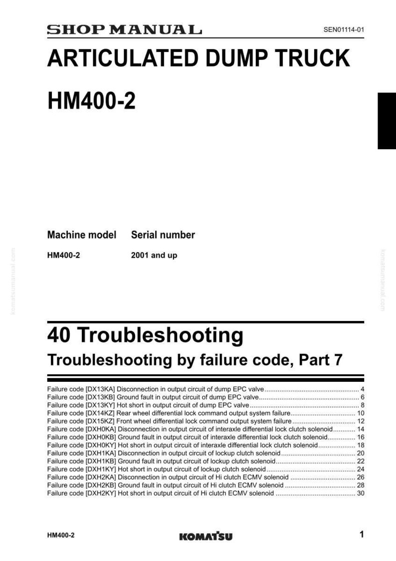 May include: Shop manual for an Articulated Dump Truck HM400-2, featuring troubleshooting guides. The manual details failure codes and descriptions for issues like EPC valve and clutch solenoid malfunctions.