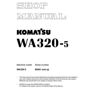 May include: A white shop manual with the text "SHOP MANUAL" at the top. The Komatsu logo and "WA320-5" are prominently displayed. The manual includes machine model and serial number information, along with additional details.