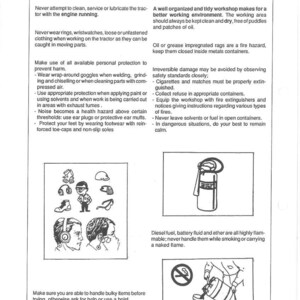May include: A safety regulations document with headings for Personal Safety and General Operating Regulations. Includes illustrations of safety gear and warnings about flammable materials and machinery.