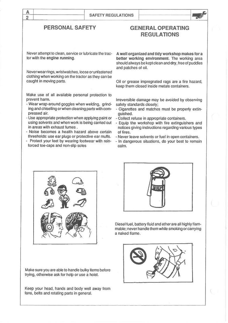 May include: A safety regulations document with headings for Personal Safety and General Operating Regulations. Includes illustrations of safety gear and warnings about flammable materials and machinery.