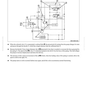 May include: Diagram of a hydraulic pump with labels and annotations. The image includes a schematic with lines, circles, and symbols, along with explanatory text. The text includes "Structure, Function and Maintenance Standard" and "Working Mode P".