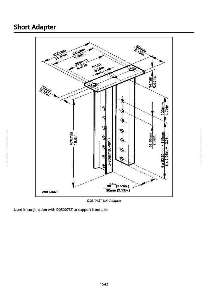 May include: Diagram of a short adapter with measurements in inches and millimeters. The metal bracket has multiple holes, with dimensions like 280mm, 240mm, and 470mm. Text includes "Short Adapter" and "D05106ST".