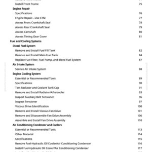 Puede incluir: Tabla de contenidos de un manual, que enumera la reparaci&oacute;n del motor, los sistemas de combustible y refrigeraci&oacute;n y los componentes del aire acondicionado. Texto negro sobre fondo blanco, n&uacute;meros de p&aacute;gina a la derecha. Medidas en cm.