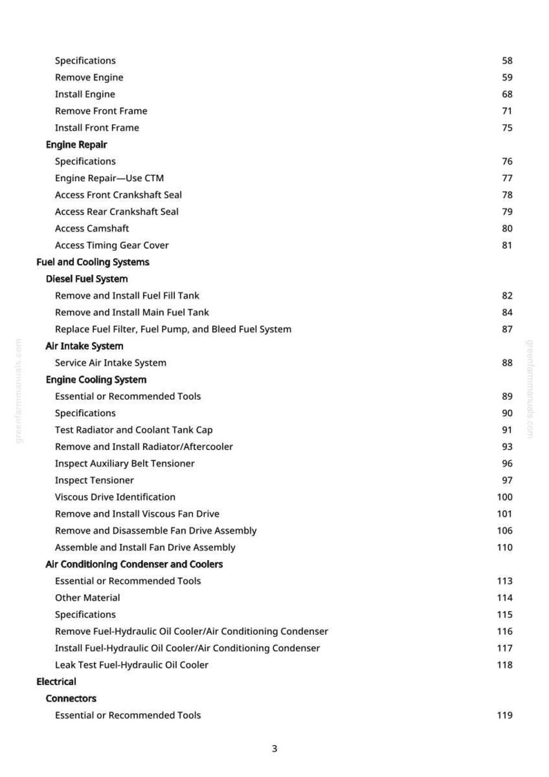 Puede incluir: Tabla de contenidos de un manual, que enumera la reparaci&oacute;n del motor, los sistemas de combustible y refrigeraci&oacute;n y los componentes del aire acondicionado. Texto negro sobre fondo blanco, n&uacute;meros de p&aacute;gina a la derecha. Medidas en cm.