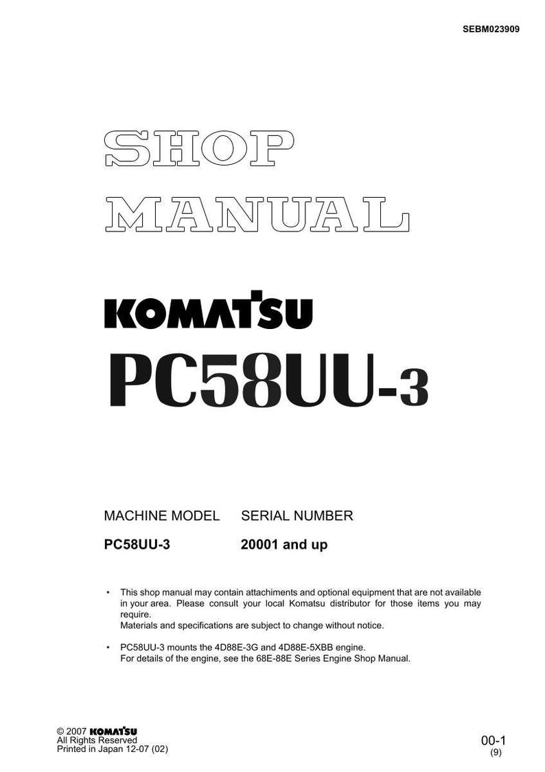 May include: A white shop manual with the text "SHOP MANUAL" at the top. Below is the KOMATSU logo and "PC58UU-3" in large, bold letters. The machine model and serial number are also listed.