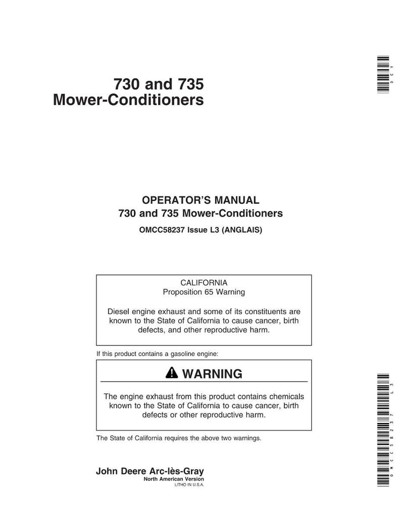May include: A white Operator's Manual for 730 and 735 Mower-Conditioners. The manual includes a California Proposition 65 warning about diesel engine exhaust and a warning about engine exhaust containing chemicals. The manual is from John Deere.