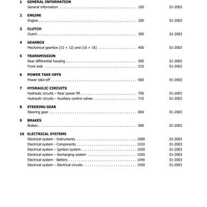 Puede incluir: Documento blanco titulado "&Iacute;NDICE" con secciones como "MOTOR", "EMBRAGUE" y "FRENOS". El documento est&aacute; fechado el 01-2003 e incluye un n&uacute;mero de pieza.