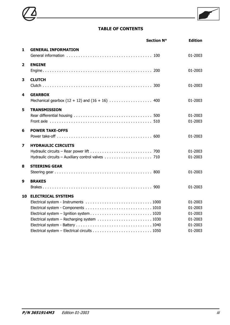 Puede incluir: Documento blanco titulado "&Iacute;NDICE" con secciones como "MOTOR", "EMBRAGUE" y "FRENOS". El documento est&aacute; fechado el 01-2003 e incluye un n&uacute;mero de pieza.