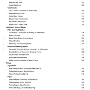 May include: A detailed table of contents from a manual, with headings and page numbers. Topics include side doors, gate curtains, lubrication, automatic greasing, pickup adjustment, and repair procedures. The page numbers are on the right.