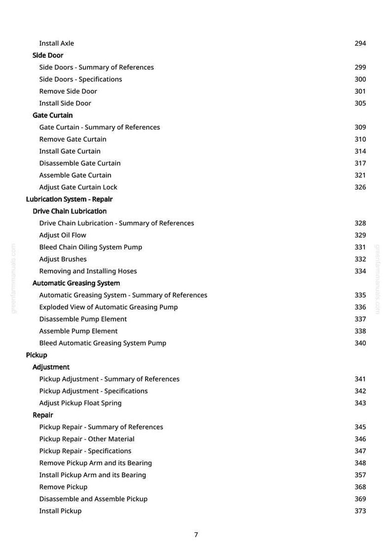 May include: A detailed table of contents from a manual, with headings and page numbers. Topics include side doors, gate curtains, lubrication, automatic greasing, pickup adjustment, and repair procedures. The page numbers are on the right.
