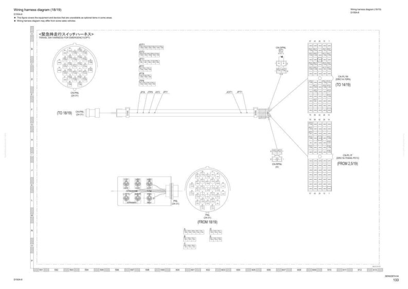 May include: A detailed wiring harness diagram, rendered in black and white, with multiple connectors, lines, and labels. The diagram includes text in English and Japanese, illustrating the layout of electrical components.