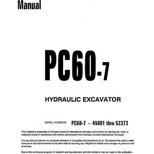 Op de afbeelding: Een witte shop manual cover met de tekst "Shop Manual" in zwart. De titel "PC60-7" is prominent weergegeven, samen met "HYDRAULIC EXCAVATOR". Serienummers worden vermeld. Copyright 1998 Komatsu America International Company.