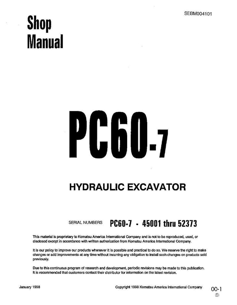 Op de afbeelding: Een witte shop manual cover met de tekst "Shop Manual" in zwart. De titel "PC60-7" is prominent weergegeven, samen met "HYDRAULIC EXCAVATOR". Serienummers worden vermeld. Copyright 1998 Komatsu America International Company.