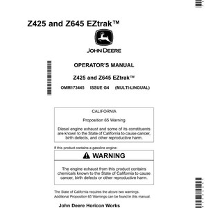 May include: A white and black operator's manual for Z425 and Z645 EZtrak&trade; John Deere equipment. The manual includes warnings about diesel engine exhaust and gasoline engine exhaust.