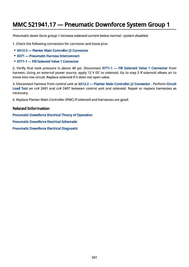 May include: Document titled "MMC 521941.17 - Pneumatic Downforce System Group 1" with instructions for checking connectors, verifying tank pressure, and replacing components. Includes related information on electrical theory and schematics.
